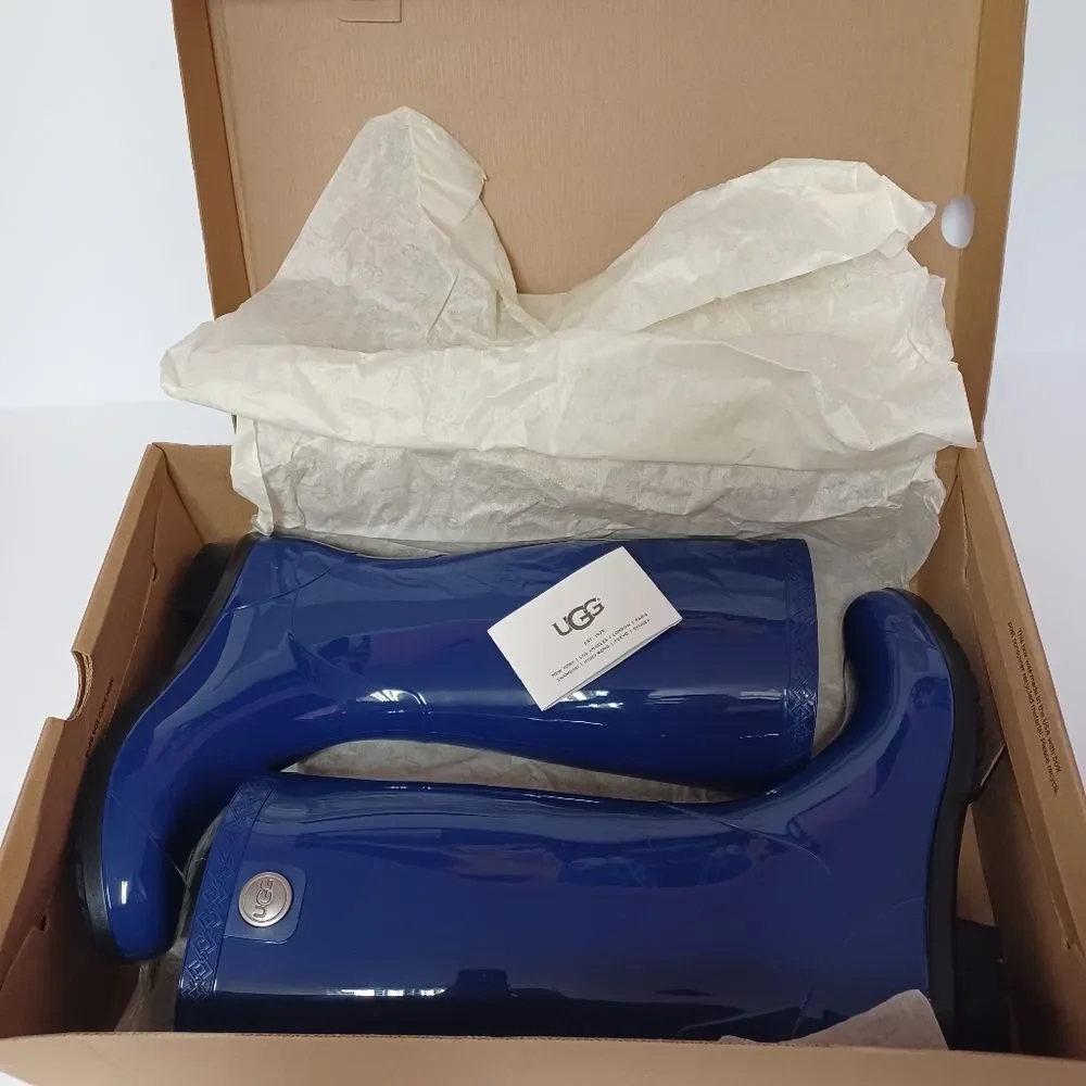 UGG Women's Navy Blue Shaye Glossy Waterproof Rubber Rain Boots Size 6